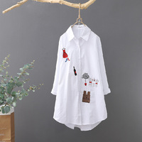 Nouvelle chemise en coton brodé respirant pour femme, style littéraire, mi-longue, ample et polyvalente, à manches longues, pour le printemps et l'automne