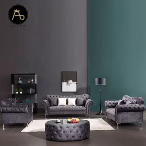 Sofá de espuma viscoelástica de alta calidad para el hogar, conjunto de sofás de terciopelo gris de estilo chesterfield, muebles para sala de estar de 3, 2 y 1 plazas