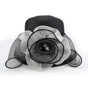 Stock design high quality black wedding hats organza fashion ladies fancy church hats for wholesale
