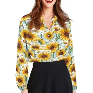 Kemeja wanita pola bunga matahari elegan trendi Bisnis kaus V-Neck Harga Rendah grosir musim gugur lengan panjang kancing Tee Atasan 2024