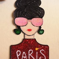 Patch à paillettes pour femme, style mode parisienne, motif chignon et lunettes de soleil roses, pour veste et sac à dos de fille, streetwear chic à la française