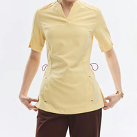 Ensemble de blouses médicales personnalisées pour femmes, tissées, col en V, manches courtes, fermeture éclair au dos, taille à cordon de serrage, multi-poches, extensible et respirant, pour infirmières