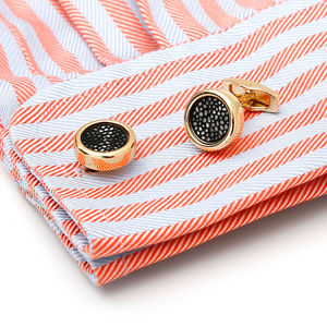 Boutons de manchette simples, uniques et créatifs de style français, ronds, pour chemise d'homme, avec garniture en maille noire - Product Image 3