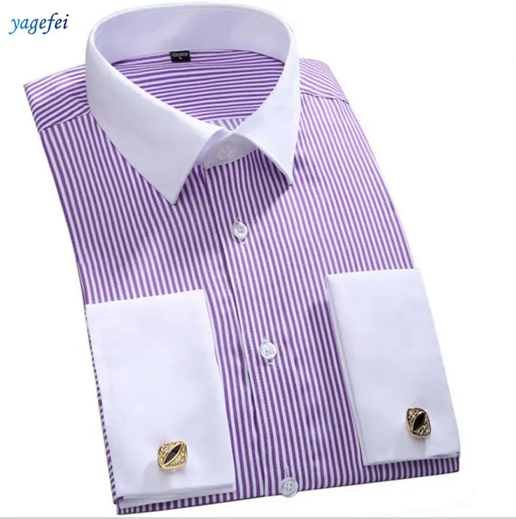wholesale Hot Sale mens camisas purple Formal French cuffs dress striped long sleeve shirts for men