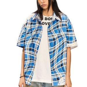 Fringuello abito di design camicia squadrata con maniche corte in <span class=keywords><strong>pizzo</strong></span> ricamato camicia Streetwear camicie a quadri <span class=keywords><strong>blu</strong></span> per gli uomini - Product Image 5