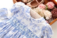 Vêtements d'été pour bébés filles, smockés à la main, robes à fleurs, en coton, bleu, H032063