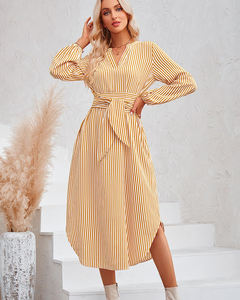 Abito Midi a Righe con Scollo a V per Donna, Maniche Arricciate, Cintura in Vita, Spacco Laterale, Vestito Estivo Casual a Maniche Lunghe per Feste e Uso Quotidiano - Product Image 1