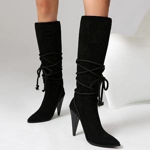 Big Size 47 Pointed Toe High Spike Heels Women Knee High Boots Suede Cross <b>Rope</b> Decor Shoes Wide Fit Long Booties for Ladies - Product Image 4