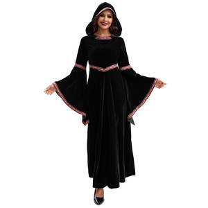 Disfraz de vampiro medieval para adultos y niños, vestido de terciopelo rojo vino con capucha para disfraces de fiesta de Halloween - Product Image 4