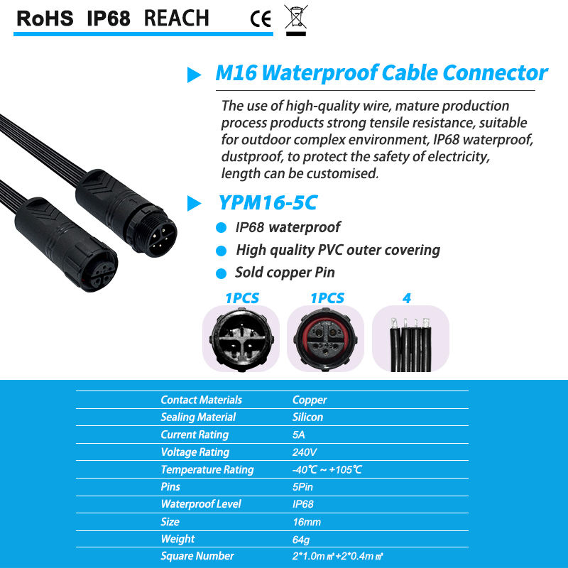 M16 IP68 Waterproof 5-Pin Cable Connector Plug