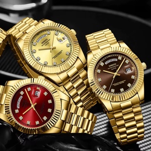 For 2627 Luxury Gold Quartz <b>Watch</b> Men Stainless Steel 3BAR Water Resistance Luminous Date Week Fashion Diamond Push Button - Product Image 2
