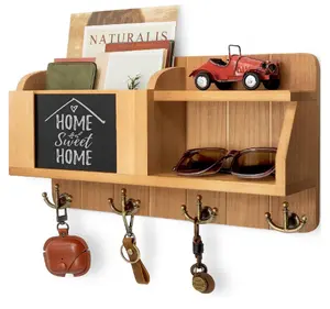 2 Retro Shelves Rustic Wood Key Hanger for Multifunctional Decorative Mail Organizer with 4 Anchor Hooks