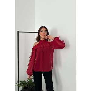 Blusa de Mujer al por Mayor, Color Borgoña, Hombros Descubiertos, Tallas XL-3XL, Corte Holgado, Chifón y Algodón, Estilo Casual Bohemio, Color Sólido, para Verano, Otoño y Primavera - Product Image 5