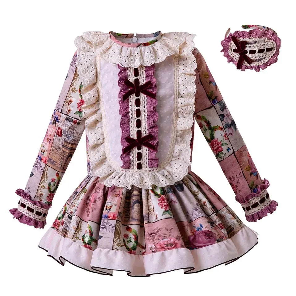 2022 OEM Pettigirl Girls Floral Dress With Bow Lace Collar Girls Long Sleeve Baby Clothes Wholesale