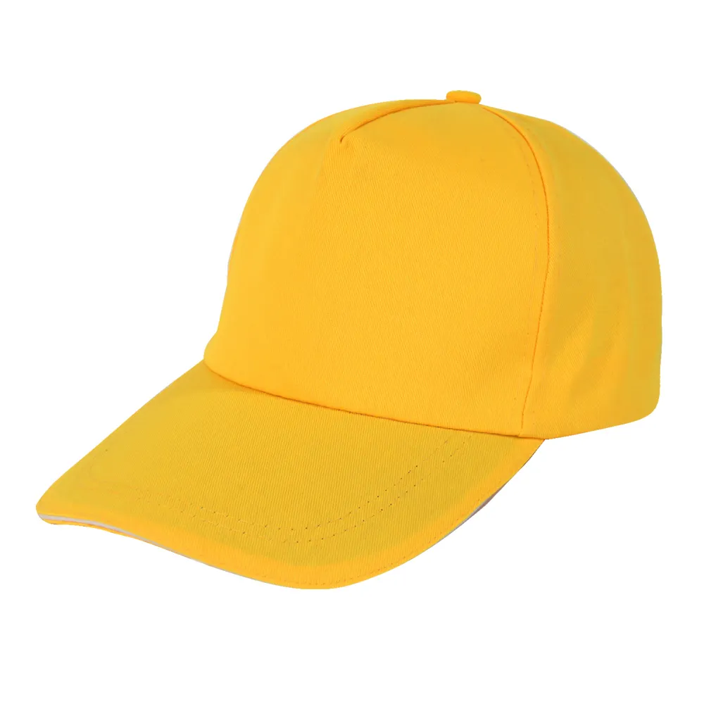 Promosyon Unisex 5 Panel düz sarı renk % 100% Polyester yapılandırılmış boş sandviç ağız beyzbol şapkası