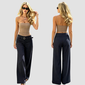 Pantalon droit ample à rayures verticales avec ceinture, style vintage américain haut de gamme, polyvalent pour le bureau et les occasions décontractées - Product Image 1