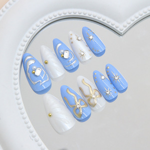 Lot de 24 faux ongles 3D à presser, en ABS, forme amande, bleu et blanc, imprimés, couvrance totale - Product Image 5