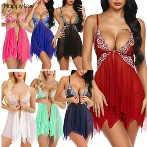 Phụ Nữ Sexy Ngủ Front Closure V Cổ Babydoll Ren Lưới Sexy Lingerie Trắng Ren Dress Với G-String Đồ Ngủ Đồ Lót Nội Y