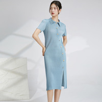 Robe plissée Miyake pour femme, décontractée, longueur genou, col polo, boutonnage asymétrique, coupe amincissante H-line, fente latérale, style minimaliste, idéale pour le bureau