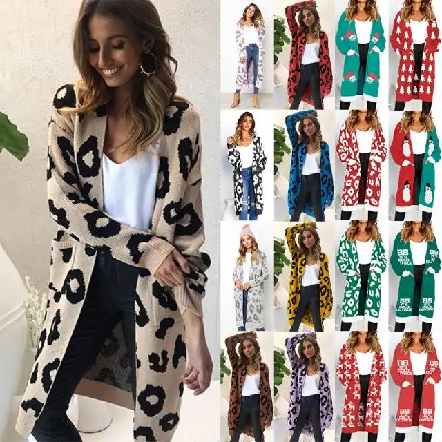 Autumn Winter Christmas Leopard Print Knitted Long Cardigan Women 2023 Casual Style Open Pocket Sweater Tops Outwear