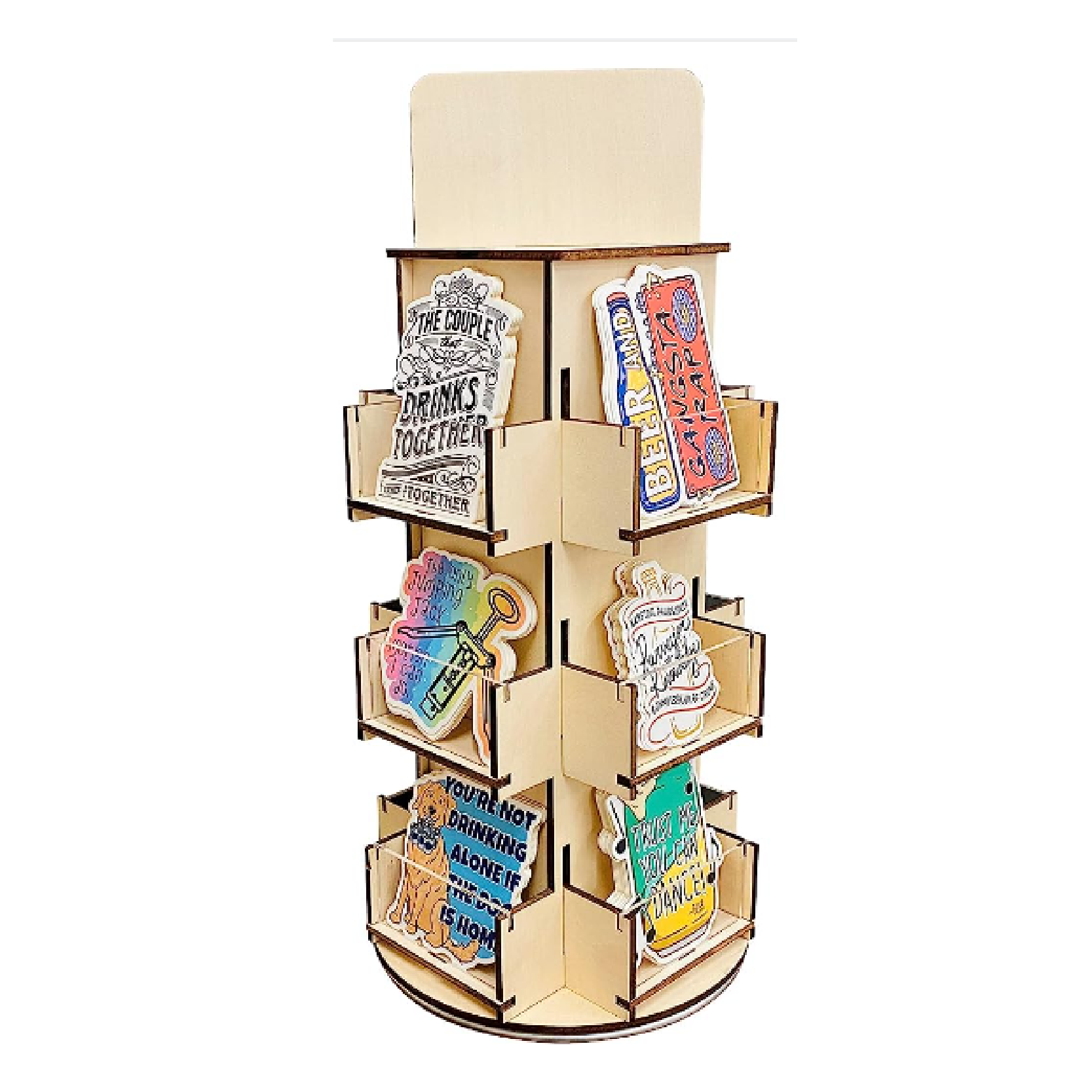 Rotating 3 Tier Wooden Display Stand 4-Sided Display Rack 360 Degree Spinning Display Stand for Coasters Stickers Retail — view 3
