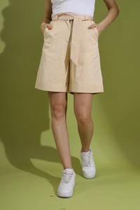 Beige Bermuda <b>Shorts</b> with Belt | High Waist Casual <b>Shorts</b> | Comfortable Summer Wear | Stylish Knee Length <b>Shorts</b> For Womens - Product Image 5