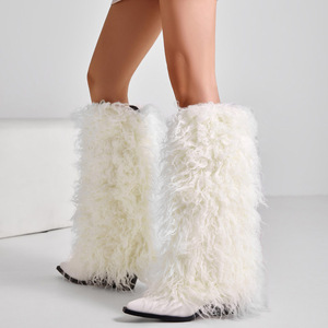Big Size 46 Women Chunky Heels Plush Fur <b>Long</b> Booties on Fluffy Knee High Boots Winter Furry Snow Wide Fit Shoes - Product Image 3
