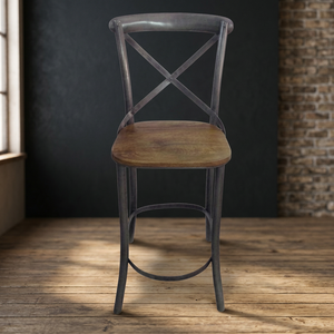 Tabouret de bar robuste de style industriel et vintage avec structure en fer et assise en bois, style antique pour bar à domicile et usage commercial - Product Image 2