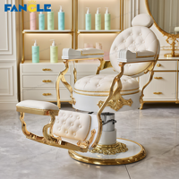 Silla de barbero de lujo, silla de afeitar de estilo de barbería de cuero con mechones dorados blancos, bomba hidráulica, silla de peluquería de Base redonda