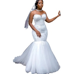 Mermaid Wedding Dress White Tulle Sequins Sweetheart Neckline Fitted Bridal Gown With Train - Product Image 2