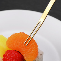 Fourchette à fruits dorée 105 mm, 2 dents, en acier inoxydable, pour desserts, collations, mini-apéritifs, mariage, buffet, fête