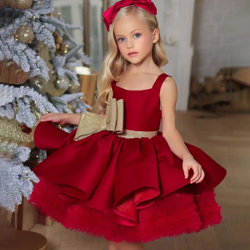 New 3-10 Year Elegant Toddler Kids Red Dress Children Princess Birthday Party Wedding Christmas Flower Girls Dress