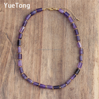 Collier ras du cou en perles cylindriques d'améthyste en pierre naturelle, en acier inoxydable doré PVD, réglable, avec cristal de guérison, fait main pour femme