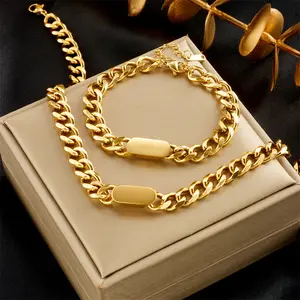 High Quality 18k Gold Plated Hip Hop Necklace Women Men Stainless Bracelet Jewelry Set