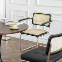 Chaise de salle à manger vintage en rotin avec cadre métallique et siège en cuir, style nordique rétro, pour la maison, le café, le bureau, accoudoirs ergonomiques, vente en gros, promotion exceptionnelle