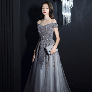 Off-Shoulder Sparkle A-Line Evening Gown Empire Waist Silver Gray Long Dress For Banquets And Annual Meetings - Product Image 1