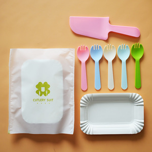 Presa di fabbrica piatto di plastica colorato forchetta e coltello per festa torta di compleanno Set di stoviglie usa e getta torta posate Set - Product Image 3