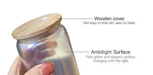 Vente chaude entrepôt USA : Verre canette 16oz transparent, forme café/soda, pour sublimation, irisé, avec couvercle en bambou et paille en plastique - Product Image 3