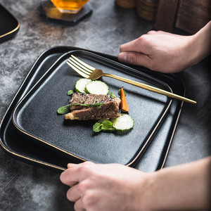 Plato Cuadrado de Cerámica Vintage <span class=keywords><strong>con</strong></span> Borde Dorado Negro para Café, Hotel, Carne Asada, Postre, Servicio Diario y Decoración de Mesa - Product Image 2