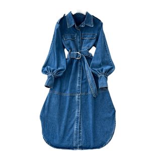 Robe chemise en jean à manches bouffantes, taille haute, coupe ample, longueur maxi, décontractée, pour le quotidien, couleur unie, tissu tissé, coupe trapèze, respirante - Product Image 1
