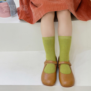 Mumudora ห่วงคู่สำหรับเด็ก, ถุงเท้าผ้าฝ้ายสีทึบครึ่งน่องส้นเท้าฤดูใบไม้ผลิฤดูใบไม้ร่วงสไตล์เกาหลีอินเทรนด์เด็กหญิงเด็กชายโบว์ - Product Image 1