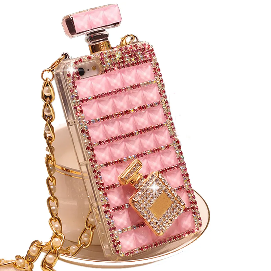 Bling Del Rhinestone Del Diamante Cassa Del Telefono Bottiglia di Profumo Con La Collana Per il iPhone 12 Pro Max 11Pro X XR XS MAX 6s 7 8