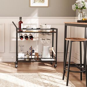 Casier à vin de cuisine à 2 niveaux en métal brun noir rustique moderne chariot de service rails de protection roues pour la maison bar salle à manger hôtel salon - Product Image 4