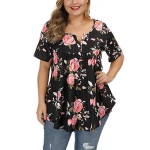 Women's Plus Size Tops Floral Casual Split V Neck Tunic Blouses Flowy Pleated Swing Summer Fashion Classic-Fit Petal T Shirts