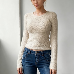 Nueva Camiseta de Moda para Mujer, Cuello Redondo, Manga Larga, de Lana, Color Sólido, para el Hogar, Éxito de Ventas Otoño/Invierno - Product Image 4