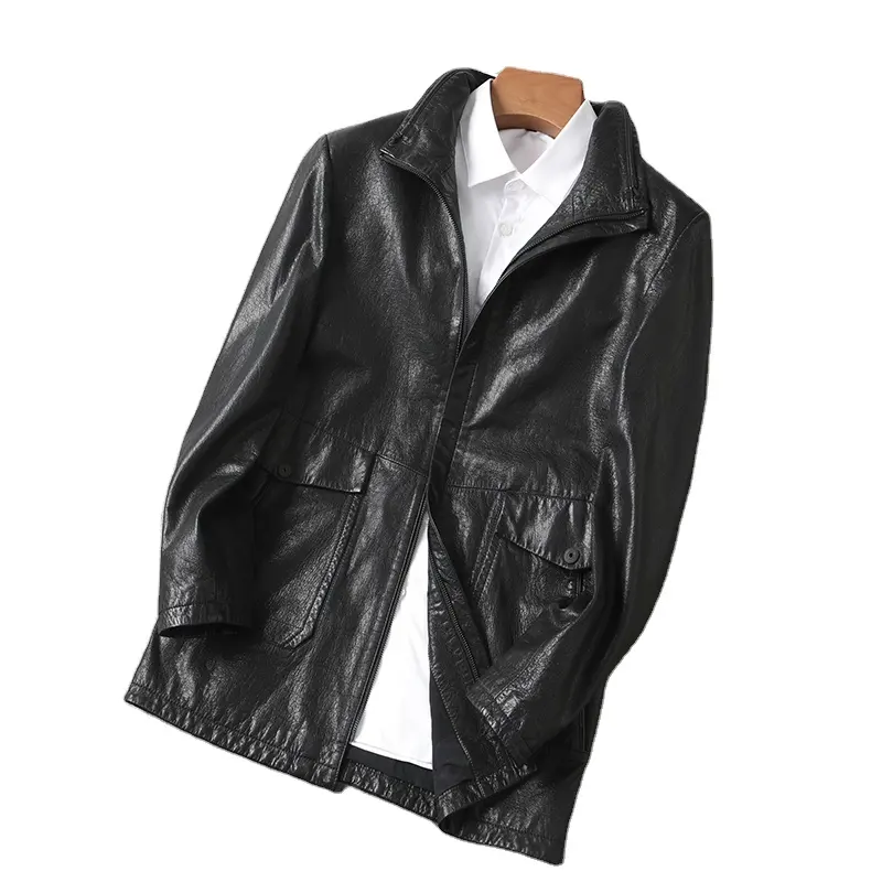 Wholesale OEM Vintage black leather jacket leather trench coat men genuine goat skin men leather jacket coat Medium style