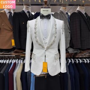 手工缝制男式西装定制标志<span class=keywords><strong>3</strong></span>件Homme西装外套修身舞会礼服白色西装奢华男士婚礼 - Product Image 4