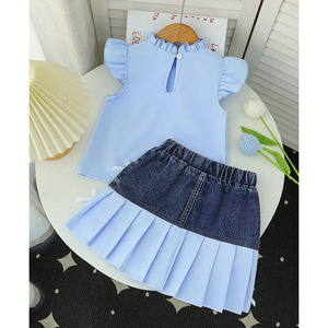 <b>Gold</b> Suppliers Verified Girl Kids <b>Clothes</b> Ruffled Short-sleeved T-shirt Bowknot Denim Pleated Skirt 2Pcs Child <b>Clothes</b> Summer - Product Image 4