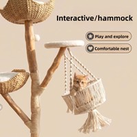 Tmall Fruitwood Arbre à chat en bois massif avec panier suspendu, lit en rotin tressé et griffoir recouvert de sisal, style épuré