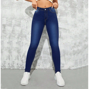 Livraison gratuite aux États-Unis - Jeans skinny taille haute pour femme, bleu foncé, extensible, long legging, style décontracté, pantalon en denim crayon, logo à la taille - Product Image 2